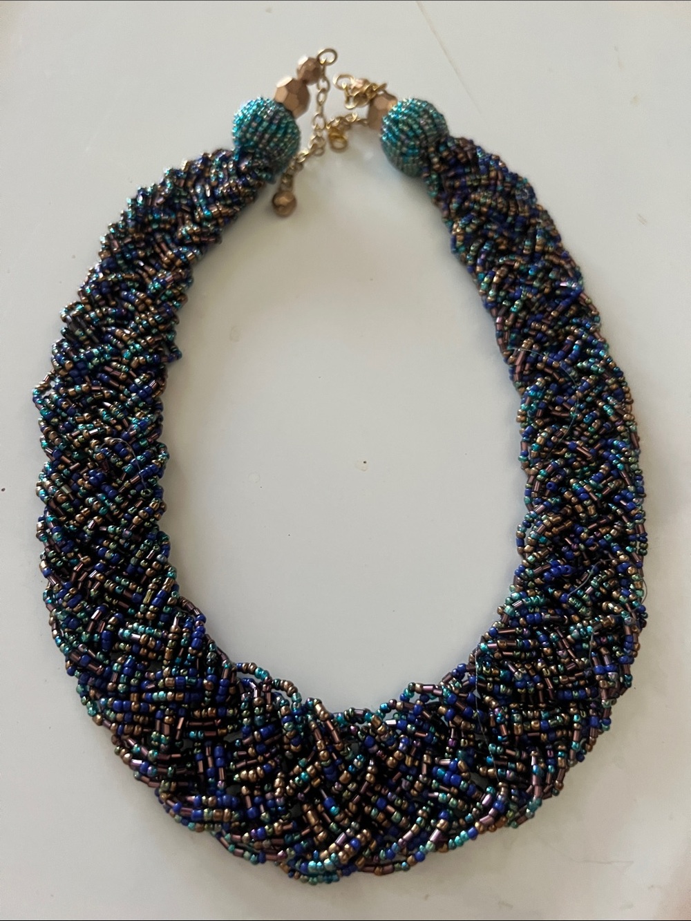 Iridescent Blue and Teal Braided Bead Necklace